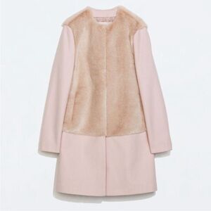 Zara Blogger Favorite Pink Faux Fur Wool Combination Jacket Coat‎ Size XL Rare